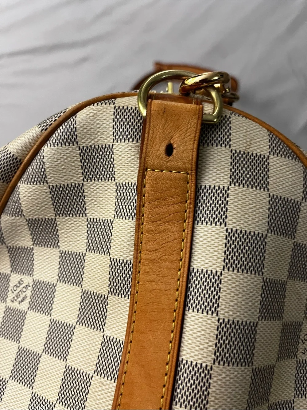 Louis Vuitton Damier Azur Canvas Duffel in Cream and Tan Leather
